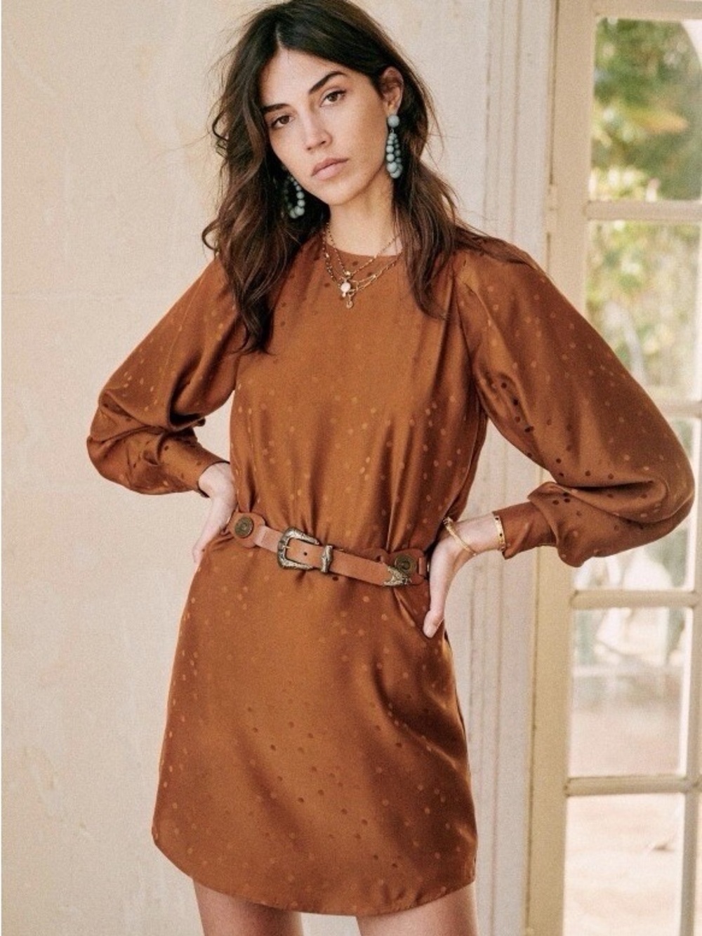 Sezane Erell Silk Long Sleeve Dress in Burnt Oranage Caramel Belted Polka Dot